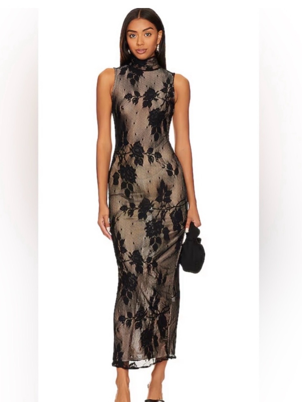 NBD Elegant Black Floral Lace Maxi Dress